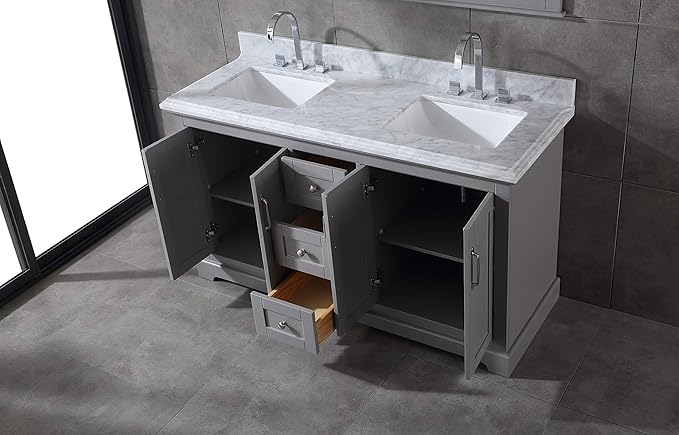 Mareo 60" Solid Wood Double Sink Bathroom Vanity | Marble Countertop & Backsplash | Soft Closing Doors & Drawers | Nickel Brushed Handles | Grey Cabinet & Undermount Ceramic Sink Top | Pre-Assembled