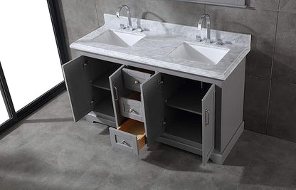 Mareo 60" Solid Wood Double Sink Bathroom Vanity | Marble Countertop & Backsplash | Soft Closing Doors & Drawers | Nickel Brushed Handles | Grey Cabinet & Undermount Ceramic Sink Top | Pre-Assembled