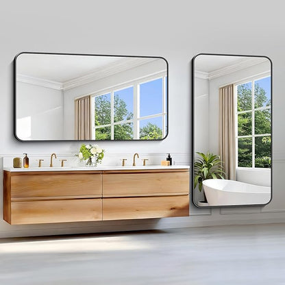 Black Bathroom Mirror, 66x36 inch Aluminum Metal Frame Rectangular Vanity Mirror, Large Wall Mounted Rectangle Mirrors with Rounded Corner for Over Sink Bedroom Living Room Horizontal/Vertical
