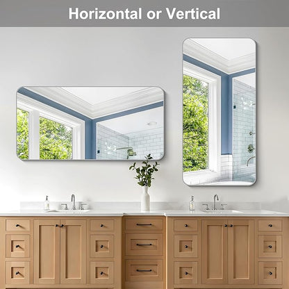 48x24 Inch Silver Bathroom Mirror, Metal Framed Silver Rectangle Mirror, Rounded Rectangular Vanity Mirror, Wall Mounted Mirrors for Living Room Bedroom Entryway Hangs Horizontal or Vertical