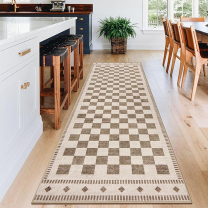 Garvee Washable 2x6 Hallway Runner Non Slip Checkered Beige Entryway Rug | Low Pile Farmhouse Neutral Soft Bath Mat Stain Resistant Carpet for Bedroom Kitchen Laundry 2'x6' Beige
