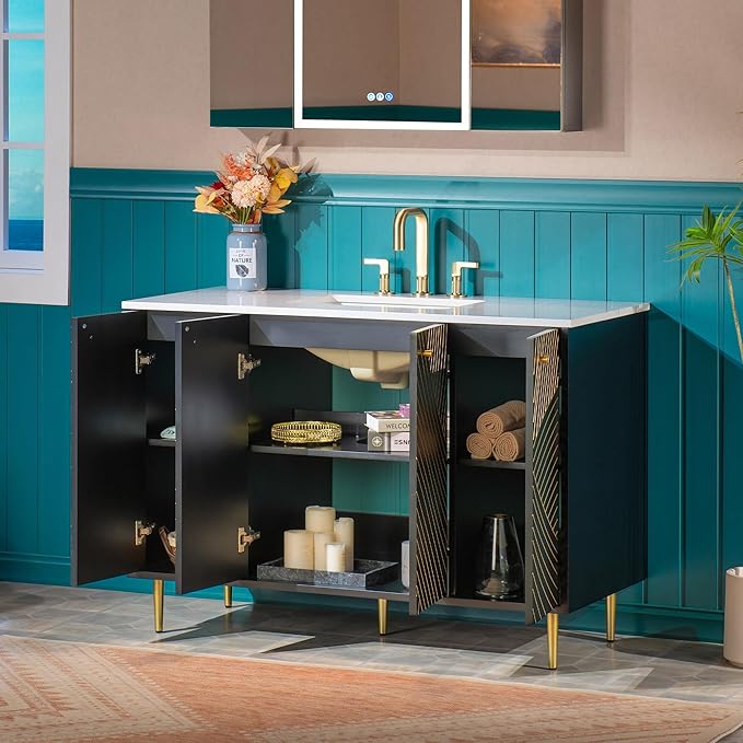 Woodbridge 48"x22" Bathroom Vanity with Single Ceramic Undermount Sink, White Engineered Stone Top, Hand-Painted Black & Gold Accents, Sleek Thin-Leg Frame, Space-Saving for Modern Living
