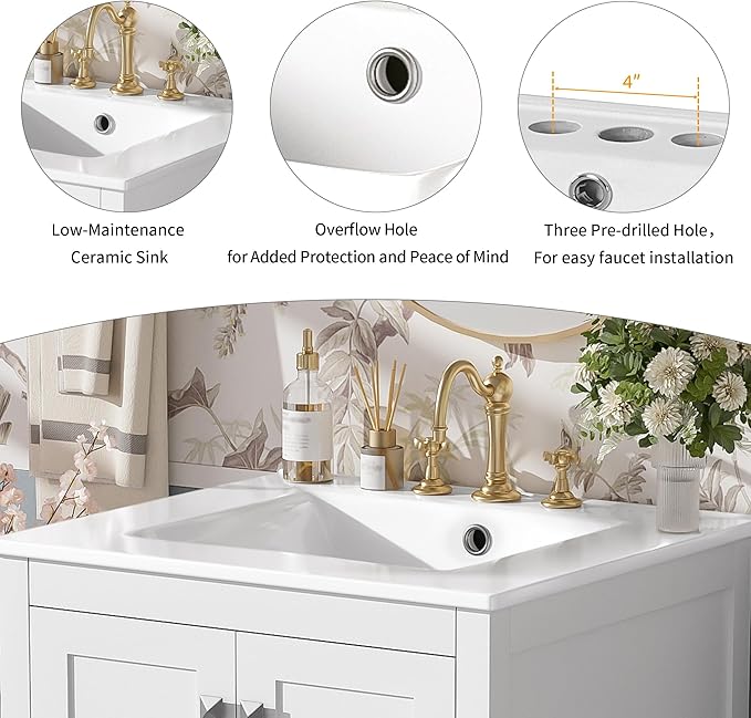 Favfurish 48" Bathroom Vanity with Ceramic Double Sink, Undermount Double Basin Vanity Set w/2 Divided Drawers and 4 Double-Layer Soft Close Doors & Built-in Shelf, Freestanding Storage Cabinet,White