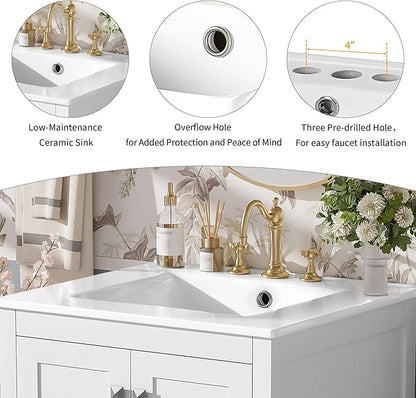 Favfurish 48" Bathroom Vanity with Ceramic Double Sink, Undermount Double Basin Vanity Set w/2 Divided Drawers and 4 Double-Layer Soft Close Doors & Built-in Shelf, Freestanding Storage Cabinet,White