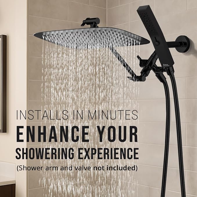 G-Promise All Metal 12" Rain Shower Head with Handheld for Bathroom Upgrade | All Metal, Built to Last, Easy Install, Adjustable Height & Angle for All Heights, Extra Long Hose, Modern Upgrade