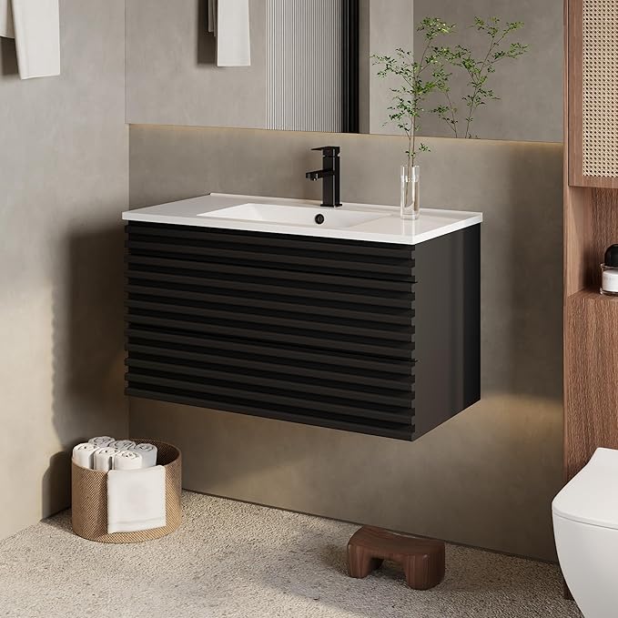 eclife 36" Floating Bathroom Vanity with Sink Combo Mid-Century Wall Mounted Cabinet with Wood Stripes Decor, Drawers, Undermount Single Sink, Faucet, Drain, Black