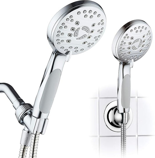 for California - High Pressure 6-setting Luxury Handheld Showerhead, Extra Long 6 Ft Stainless Steel Hose, Anti Clog Jets, Anti Slip Grip, Top US Brand, Extra Wall Bracket - Chrome Finish