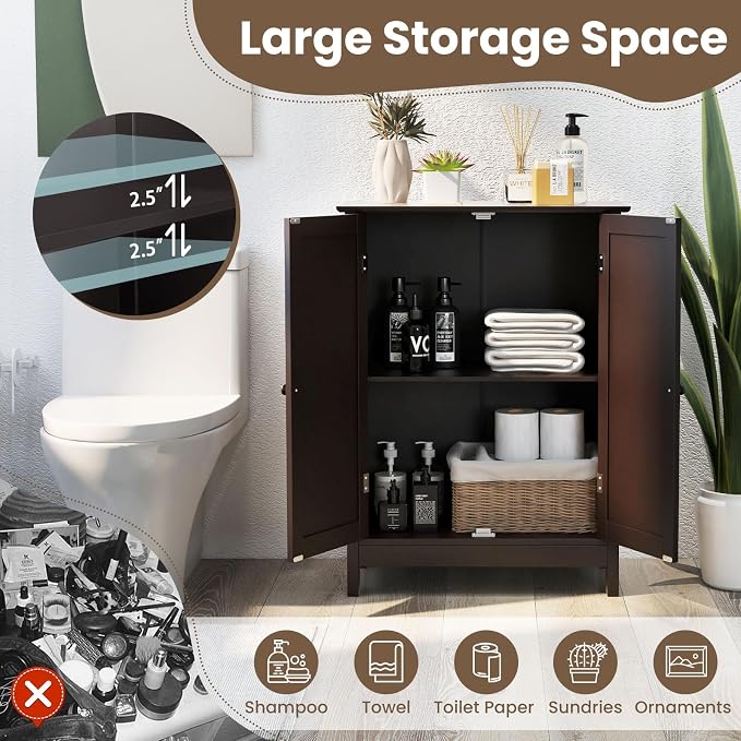 COSTWAY Bathroom Storage Cabinet, Freestanding Bathroom Organizers and Storage with Doors & Adjustable Shelf, Wooden Floor Cabinet for Home, Living Room, Entryway, Kitchen (Brown) | Storage with Doors & Adjustable Shelf, Wooden Floor Cabinet for Home, ...