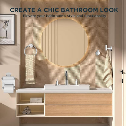 FORIOUS Bathroom Accessories, 5-Piece Bathroom Hardware Set - 24" Towel Bar | Chrome | Towel Hooks, Towel Racks for Bathroom, Toilet Paper Holder With Shelf & Towel Ring | SUS304 Stainless Steel