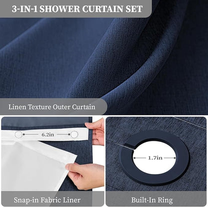 Navy Blue Ringless Linen Look Shower Curtain with Snap in Liner, 72x75 | 3 in 1 Hotel Shower Curtain Set, Removable Liner, Waterproof & Washable, Mesh Top Window, Durable Fabric, Easy to Install