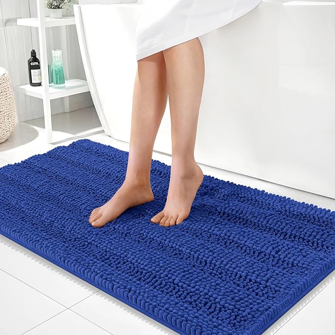 OLANLY Thick Bathroom Runner Rugs 44x24, Chenille Bath Rugs, Royal Blue | Absorbent Striped, Rubber Backing, Machine Wash, Long Bath Mats for Bathroom Floor, Tub and Shower, Home Decor Accessories