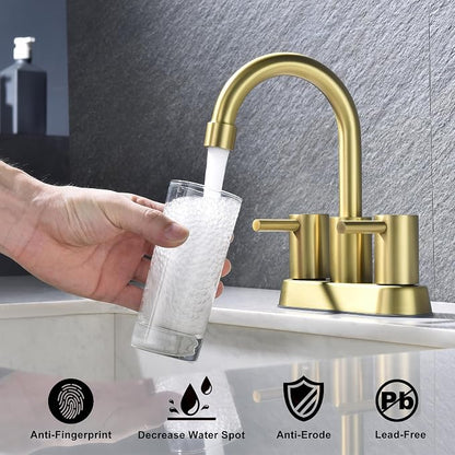 4 Inch Centerset Brushed Gold Bathroom Sink Faucet 2 or 3 Hole | Stainless Steel 2 Handle Gold Bathroom Faucet, Sink Faucet for Vanity, Rv, Restroom