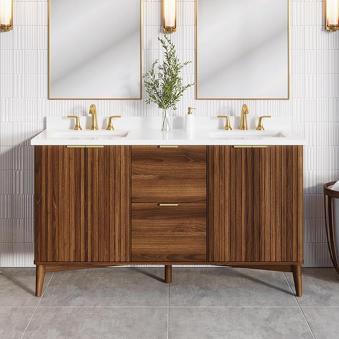 OVE Decors Indy 60 in. Undermount Double Sink Bathroom Vanity with White Engineered Marble Top, Warm Walnut