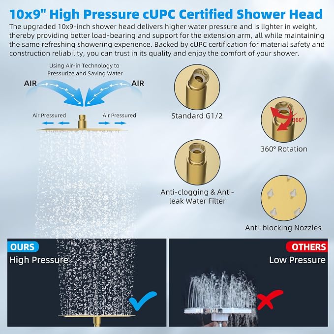 Hibbent All Metal 10'' Rain Shower Head, 16'' Extension Arm, Brushed Gold | cUPC Certified High Pressure Rainfall Showerhead with Solid Brass Adjustable Shower Head Extension Arm, Fixed Showerheads