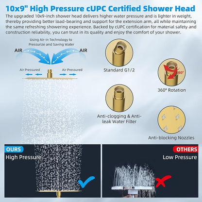 Hibbent All Metal 10'' Rain Shower Head, 16'' Extension Arm, Brushed Gold | cUPC Certified High Pressure Rainfall Showerhead with Solid Brass Adjustable Shower Head Extension Arm, Fixed Showerheads