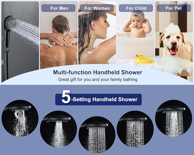ROVATE Shower Panel Tower System with Adjustable 6 Body Jets, Matte Black | Stainless Steel Shower Column with Height Adjustable Shower Arm, Self-Cleaning Rainfall Shower & Handheld, Rough-in Valve