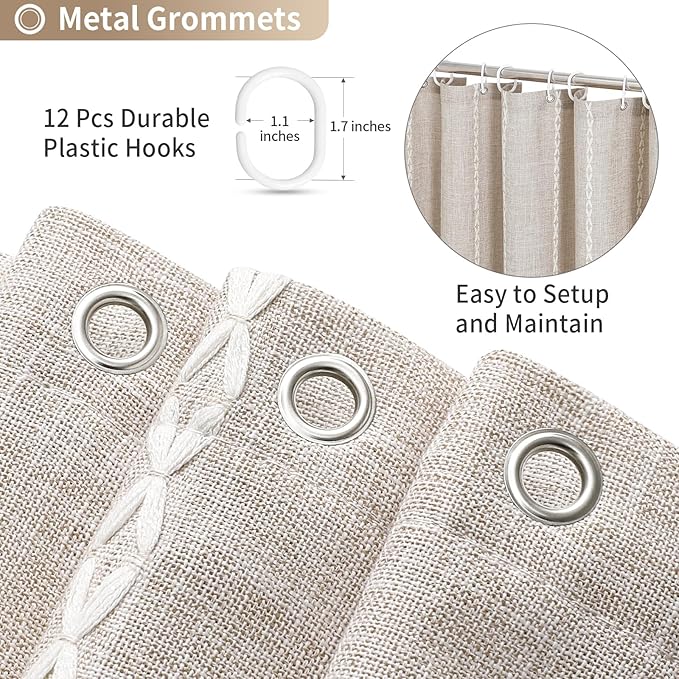 Boho Farmhouse Tassel Linen Shower Curtain,3D Embroidery Stripe Taupe,72x96 | Extra Long Xl,310GSM Striped Texture Heavy Duty Cloth,Water Repellent,Wrinkle Resistant,Vintage Rustic Country design