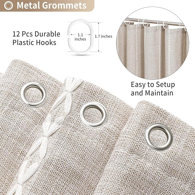 MitoVilla Boho Tassel Linen Shower Curtain,3D Embroidery Stripe Taupe,72x84 | Extra Long Xl,310GSM Striped Texture Heavy Duty Cloth,Water Repellent,Wrinkle Resistant,Vintage Rustic Farmhouse Country
