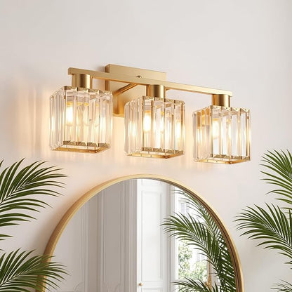 Crystal Bathroom Light Fixtures, 3-Light Brushed Gold, Vanity Lights for Bathroom Over Mirror, Modern Bath Wall Sconce for Mirror Bedroom Living Room