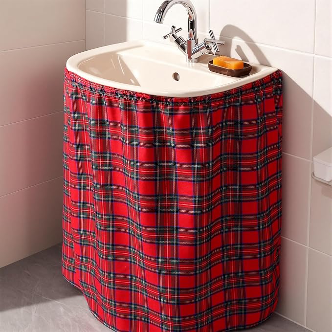 Hahafelt Self-Adhesive Sink Skirt, 55"x32" Waterproof Fabric Under Sink Cover with Diamond Stitch, Hide Pipes & Storage for Bathroom, Kitchen, Laundry Room, Rental Home Decor(Tartan)