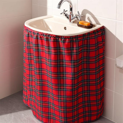 Hahafelt Self-Adhesive Sink Skirt, 55"x32" Waterproof Fabric Under Sink Cover with Diamond Stitch, Hide Pipes & Storage for Bathroom, Kitchen, Laundry Room, Rental Home Decor(Tartan)