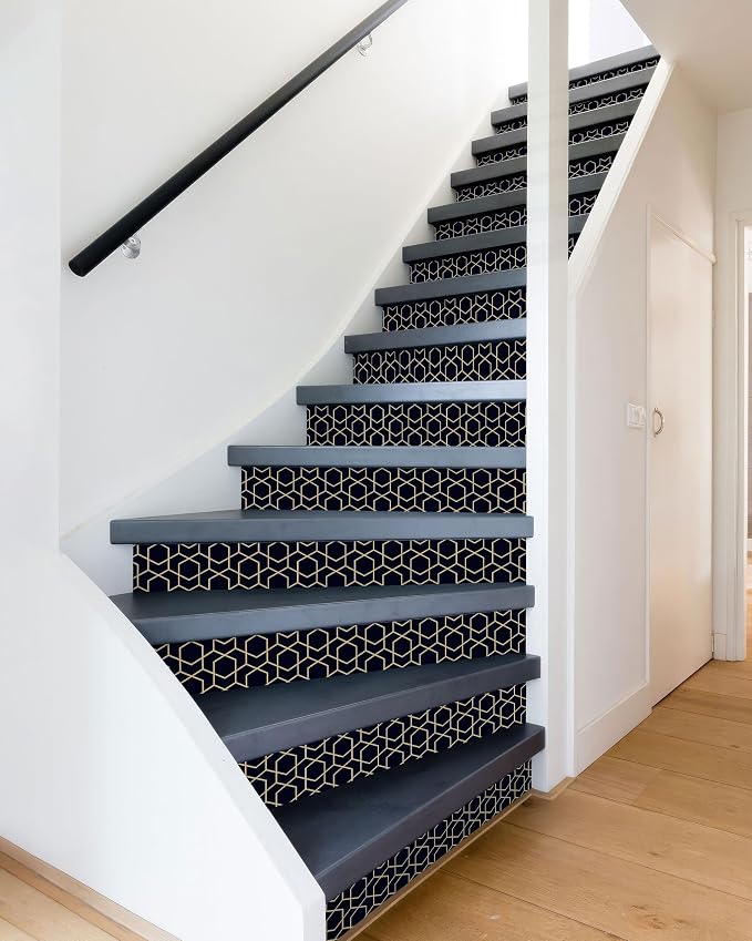 FLFK Stair Riser Decals,Rhombic Black and Gold Texture Vinyl Sticker for Stairs Decoration,14Pcs 39.3"X7.08"