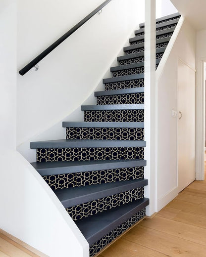 FLFK Stair Riser Decals,Rhombic Black and Gold Texture Vinyl Sticker for Stairs Decoration,14Pcs 39.3"X7.08"