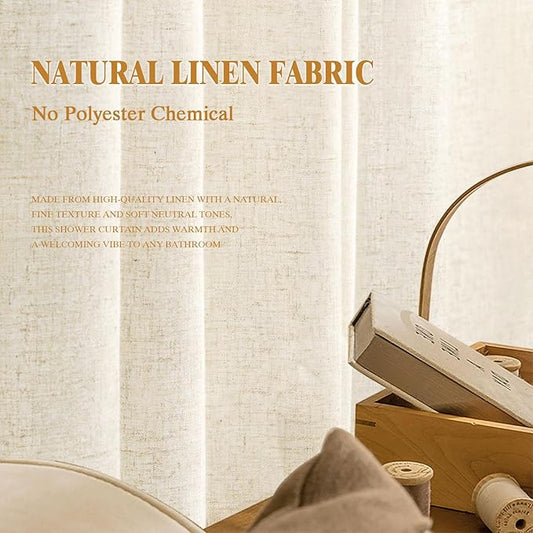 Linen Shower Curtain Flax White, Fabric Boho Farmhouse Shower Curtains for Bathroom Cotton Natural Cloth Liner Set 72" W x 72" L