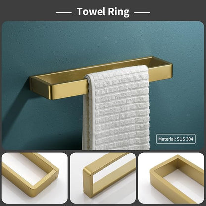 Bathroom Hardware Accessories Set Brushed Gold Towel Bar Set Square Bathroom Accessories Kit 4-Piece Towel Holder Set Stainless Steel Wall Mounted,23.6 Inch Towel Bar