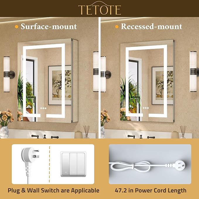 TETOTE LED Lighted Medicine Cabinet with Lights 30 x 26 Recessed or Surface Mount Cabinet Mirror for Bathroom Wall, 2 Door Tempered Glass Led Vanity Cabinet, Outlets & USB, 3-Color Dimming, Anti-Fog
