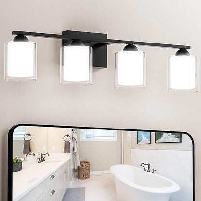 Quntis Black Bathroom Lighting Fixtures Over Mirror with 5 Color Modes, 4 Light Dimmable LED Bathroom Vanity Light, with Eye Care Milk White Frosted Glass, 28W Energy Saving, 27 Inch (Bulbs Included)