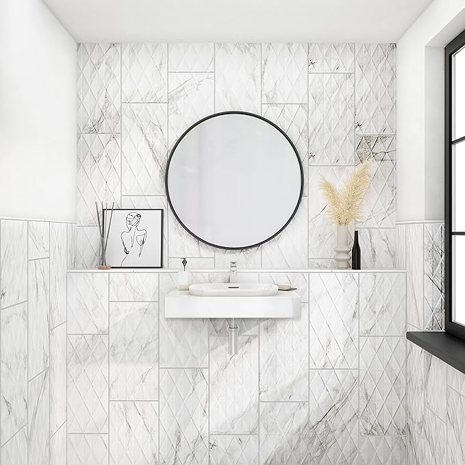 Daltile Perpetuo 12" x 24" Marble Look Ceramic Multi-Geometric Wall Tile in Satin Brilliant White for Kitchen Backsplashes, Living Room or Bathroom Walls | (8 PC Per Carton) (15.52 SQFT Per Carton)