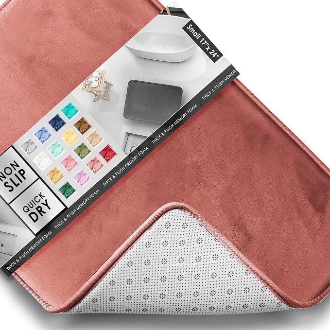 Clara Clark Bathroom Rugs, Velvet Memory Foam Bath Mat, Non-Slip, Machine Washable Bath Rugs - Dries Quickly, Ultra Soft Plush Bath Mats for Bathroom, 17 x 24, Misty Rose
