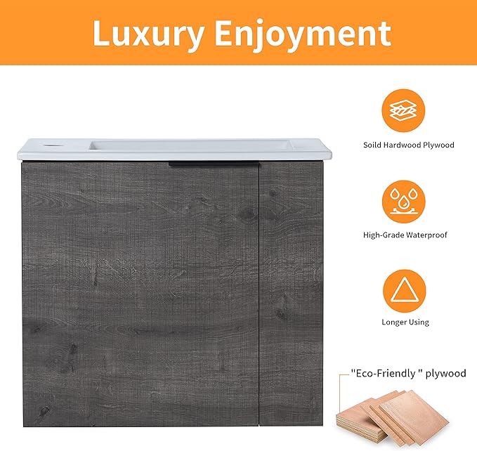 22" Floating Bathroom Vanity with Sink, 22 Inch Wall Mounted for Small Bathrooms, Soft-Close Door Cabinet with White Ceramic Basin & Waterproof Plywood, Modern Space Saving Vanity
