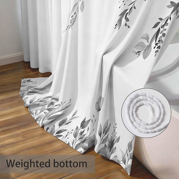 Grey Floral Eucalyptus Shower Curtain with Hooks, 72x72 Inch | Waterproof Fabric, Watercolor Leaves and Floral, Botanical Style, Machine Washable, Quick-Drying, for Hotel Bathroom