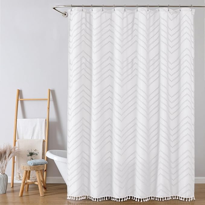 Extra Long White Boho Shower Curtain, Chic Tufted Chevron Striped Textured Fabric Cloth Shower Curtains with Tassel for Bathroom, Soft Hotel Style Farmhouse, Machine Washable, 72x84