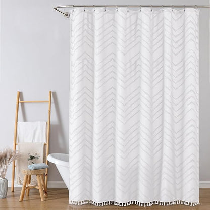 Extra Long White Boho Shower Curtain, Chic Tufted Chevron Striped Textured Cloth Fabric Shower Curtains with Tassel for Bathroom, Soft Hotel Style Farmhouse, Machine Washable, 72x96