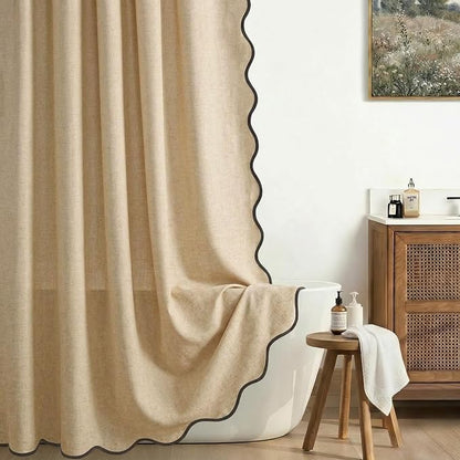 Scalloped Shower Curtain Linen Boho Flax Tan 72" W x 72" L | Linen Fabric, Black Border, Washable, Heavy Duty Cloth, Shower Curtain for Boho Farmhouse Bathroom Bathtub