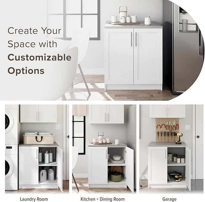 Prepac Elite 32" W Storage Cabinet with Doors and Shelves, White Garage Cabinet, Bathroom Storage with 1 Adjustable Shelf 24.5" D x 32" W x 36" H, WSCR-1005-1