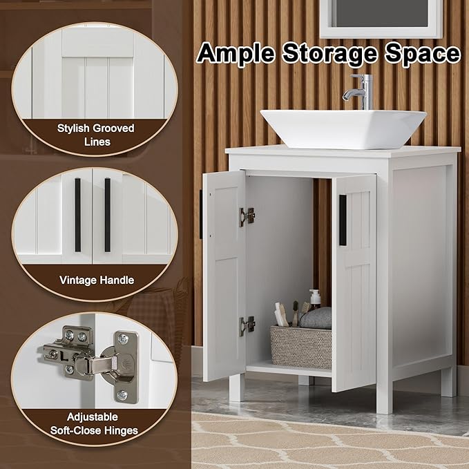 UEV White 24" Bathroom Vanity with Sink Combo,Modern Vanity with Vessel Sink,Stylish Bathroom Vanity Cabinet,Grooved Doors & Metal Handles,Modern White Square Bowl Ceramic Vessel Sink(A07)