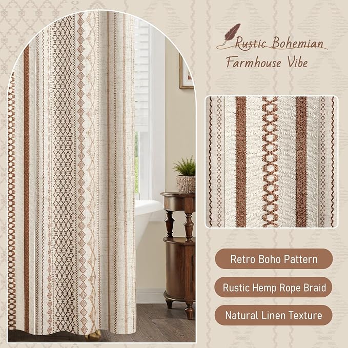 Brown Boho Linen Shower Curtain,72" W x 72" L | Linen Striped Print and Twine-Inspired Woven Center for Bathroom