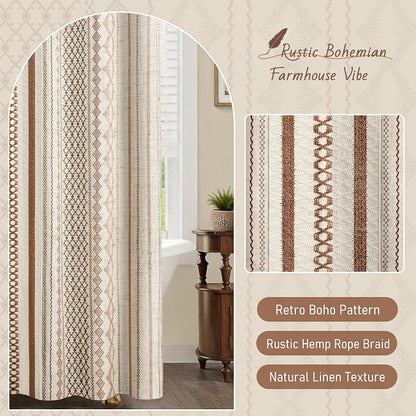 Brown Boho Linen Shower Curtain,72" W x 72" L | Linen Striped Print and Twine-Inspired Woven Center for Bathroom