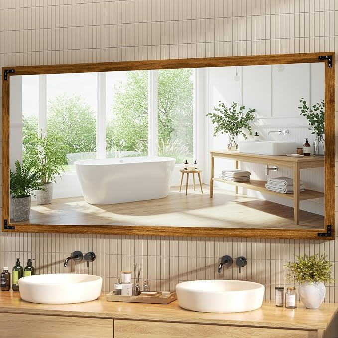 Hasipu Farmhouse Bathroom Mirror, 60"x30" Rustic Wood Framed Wall Mounted Mirror, Walnut Vintage Vanity Mirror Modern Farmhouse Style Decrative Mirrors