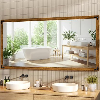 Hasipu Farmhouse Bathroom Mirror, 60"x30" Rustic Wood Framed Wall Mounted Mirror, Walnut Vintage Vanity Mirror Modern Farmhouse Style Decrative Mirrors