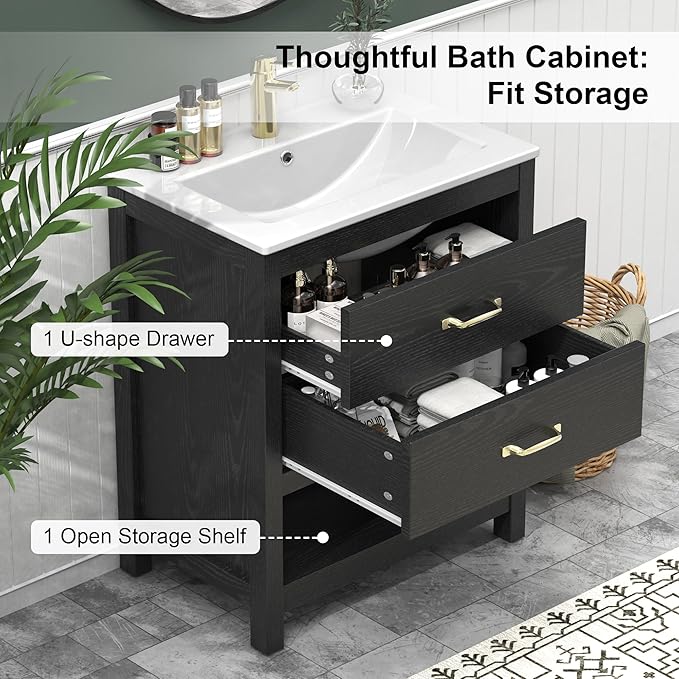 Bathroom Vanity with Sink 24 Inch, Modern Bathroom Cabinet Set with LED Light for Small Space, 2 Soft-Close Drawers with Organizer, Deep and Sloped Single Sink, Easy Assembly, Black