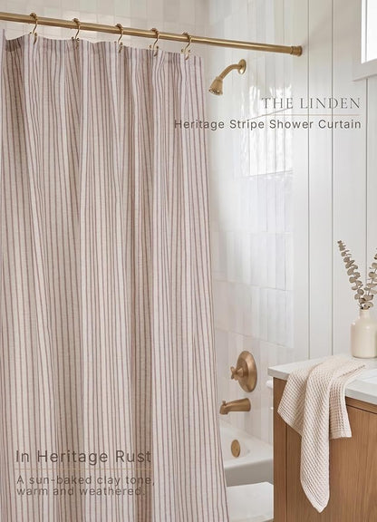 Farmhouse Striped Shower Curtain - Extra Long 72x84 Inches, Linen Blend Fabric, Breathable & Machine Washable, Rustic Rust for Bathroom Decor (Hooks/Liner Not Included)
