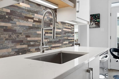 Yipscazo 10 Sheets Peel and Stick Wood Metal Tile Backsplash, Stick on Tiles for Backsplash Kitchen, Bathroom, Laundry Room, Camper, Fireplace (12'' X 12'', Mix Rustic with Gold)