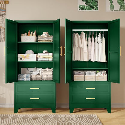 winiowa Metal Armoire Wardrobe Closet with 2 Drawers, 71" Wardrobe Cabinet with Adjustable Shelves and Hanging Rod, Clothing Storage Cabinet Closet for Bedroom-Green