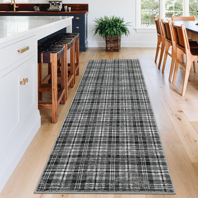 Washable Runners for Hallways 2x10 Rug Modern Bathroom Rugs Non Slip Kitchen Rugs Farmhouse Low Pile Entryway Rug Soft Stain Resistant Carpet for Laundry Hallway Bedside, 2'x10' Black&Grey