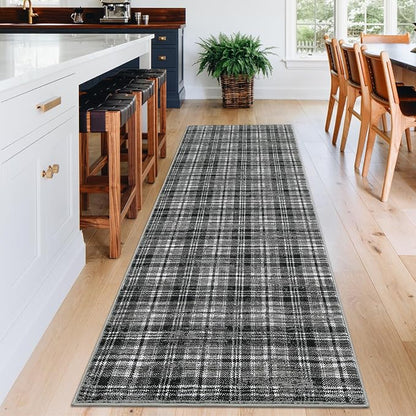 Washable Runners for Hallways 2x10 Rug Modern Bathroom Rugs Non Slip Kitchen Rugs Farmhouse Low Pile Entryway Rug Soft Stain Resistant Carpet for Laundry Hallway Bedside, 2'x10' Black&Grey